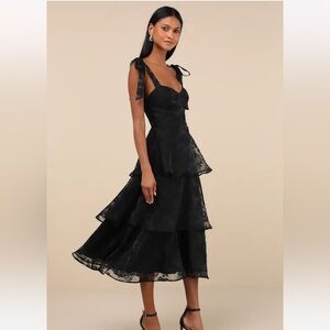 NWT Lulus Glamorous Black Burnout Tie-Strap Bustier Midi Dress